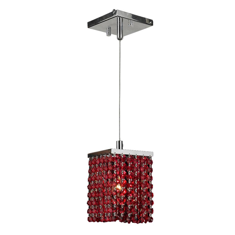 Prism Collection 1 Light Chrome Finish and Red Crystal Square Mini Pendant 5