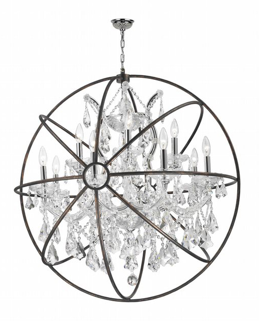 Armillary Collection 13 Light Chrome Finish and Clear Crystal with Flemish Brass Cage Finish Foucault's Orb Chandelier 33