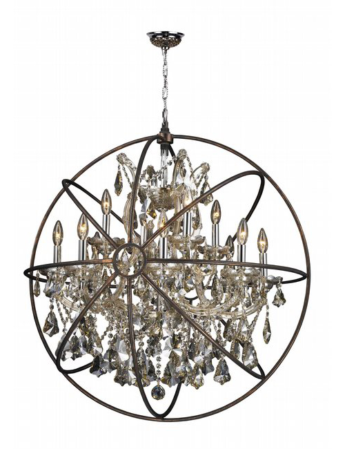 Armillary Collection 13 Light Chrome Finish and Golden Teak Crystal with Flemish Brass Cage Finish Foucault's Orb Chandelier 33