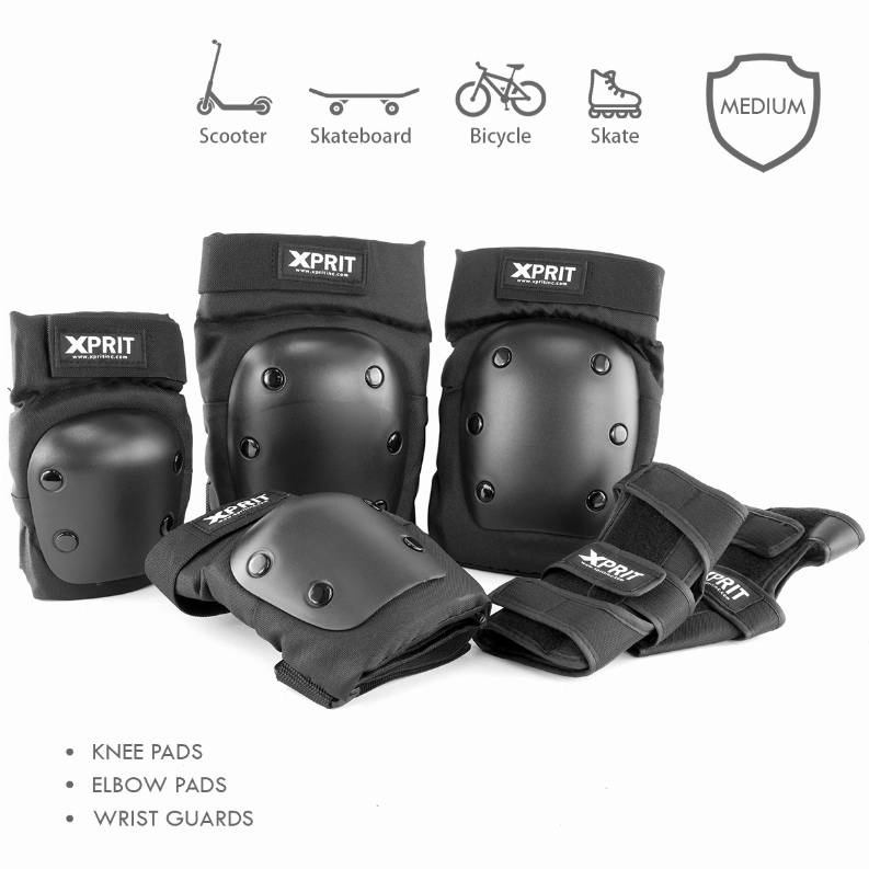XPRIT Adult/Child Wrist Guards, Knee Elbow Pads 3 in 1 Protective Gear Set for Skateboard, Scooter & Bike - Teens Black