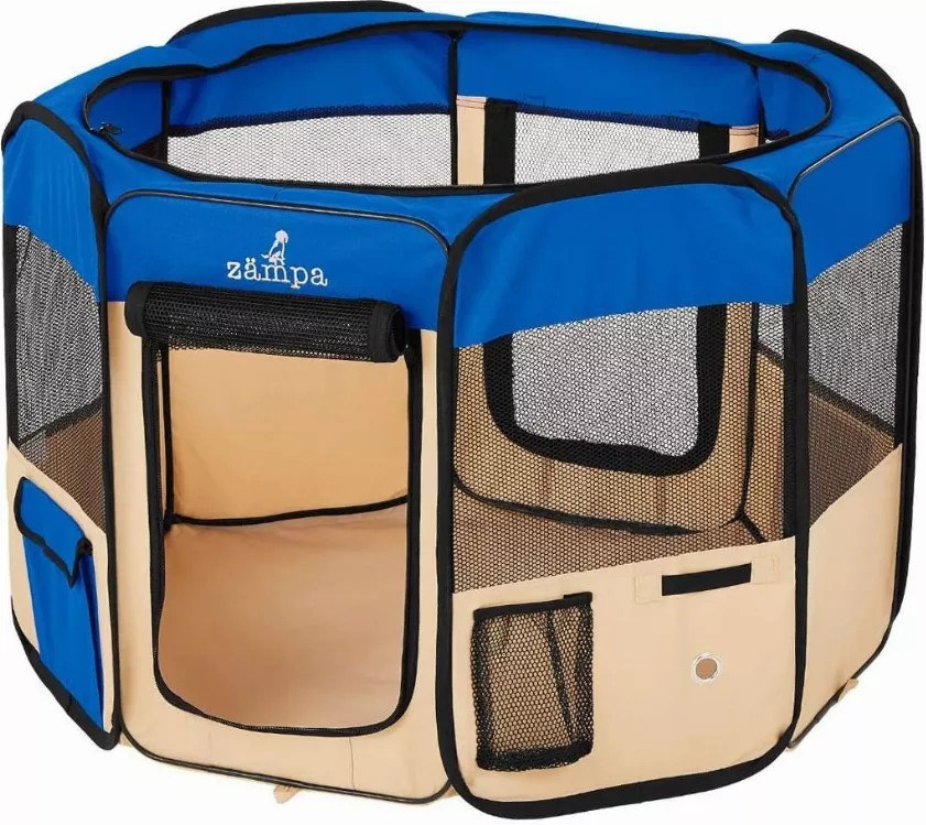 Zampa Portable Foldable Pet playpen Exercise Pen Kennel + Carrying Case - Large (61"x61"x30") Blue