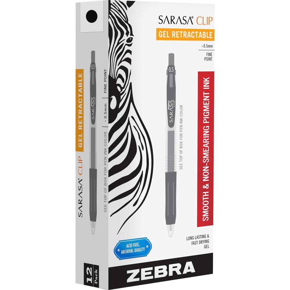 Zebra Pen Sarasa Clip Gel Retractable Black Pens - 0.5 mm Pen Point Size - Black - 1 Dozen