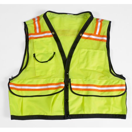 High Visibility Mesh Super Deluxe Surveyor Vest with 2 Vertical and 2 Horizontal 1-1/2" Lime/Silver/Lime Reflective Stripes, Lar