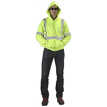High Visibility ANSI Class 3 Lime Fleece Hoodie with Reflective Stripes and Zipper, Xlarge