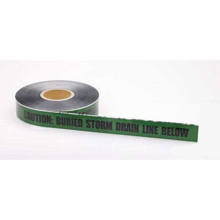 Polyethylene Underground Storm Drain Detectable Marking Tape, 1000' Length x 2" Width, Green