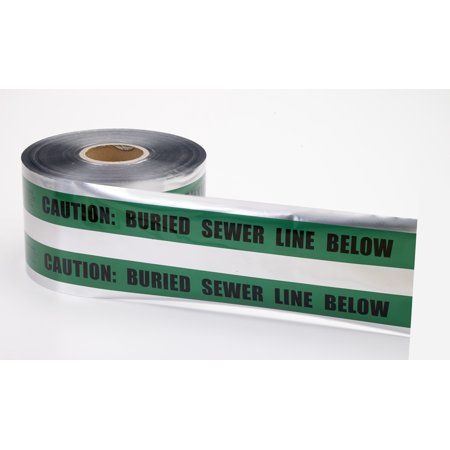 Polyethylene Underground Sewer Line Detectable Marking Tape, 1000' Length x 6" Width, Green