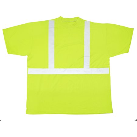 High Visibility Polyester ANSI Class 2 Safety Tee Shirt with 2" Reflective Silver Stripes, Large, Lime