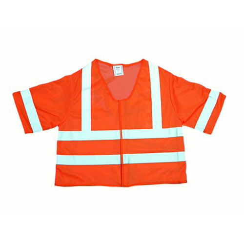 High Visibility Polyester ANSI Class 3 Mesh Safety Vest with 2" Silver Reflective Stripes, Large, Orange